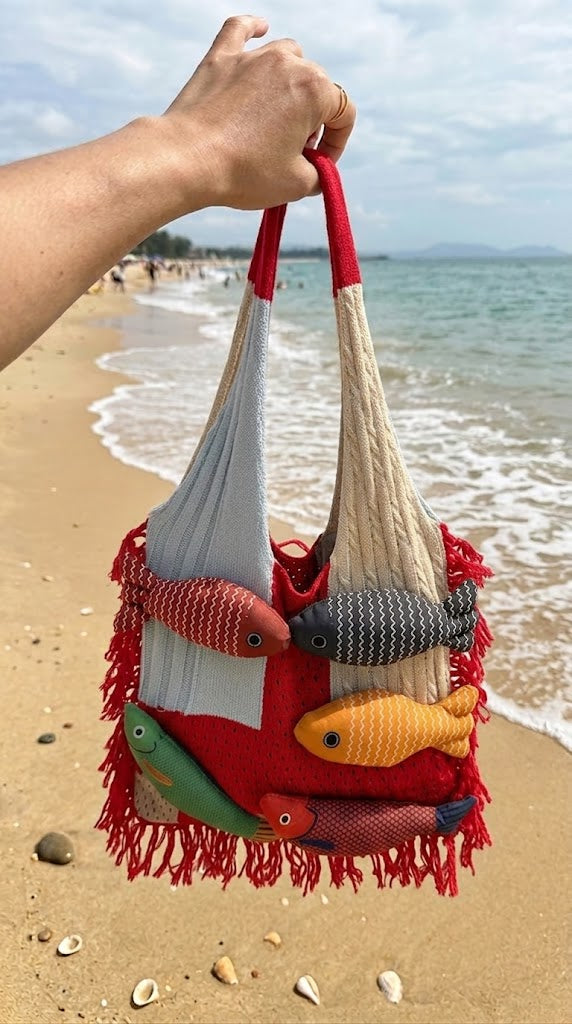 Boho 3D Fish Applique Knitted Beach Tote
